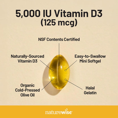 NatureWise Vitamin D3 5000iu  1 Year Supply for Immune Support, Healthy Muscle Function, and Bone Health - Non-GMO, Gluten Free in Organic Extra Virgin Olive Oil, , 360 Count