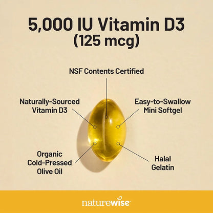 NatureWise Vitamin D3 5000iu  30-Day Supply for Immune Support, Healthy Muscle Function, and Bone Health - Non-GMO, Gluten Free in Organic Extra Virgin Olive Oil, , 30 Count