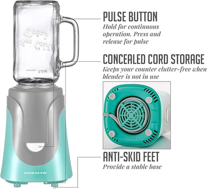 OVENTE Retro Personal Blender and Smoothie Maker with 18 Oz Mason Jar, 300W Base, Stainless Steel Blades, BPA-Free and Dishwasher Safe Container, Includes Reusable Straw and Lid, Turquoise BLH1002T