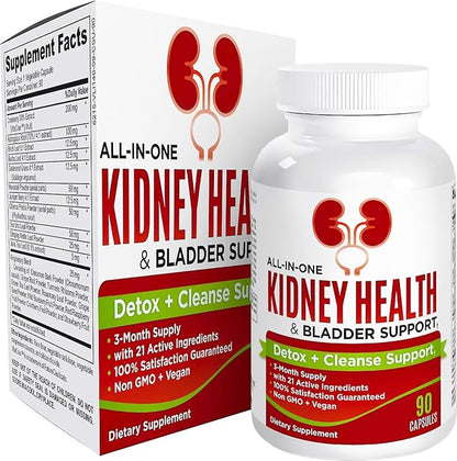 3-Month Kidney Health & Bladder Support Supplement (All-in-1) with 21 Active Ingredients - Supplements - Kidney Cleanse Detox - 90 Capsules