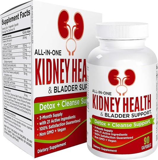 3-Month Kidney Health & Bladder Support Supplement (All-in-1) with 21 Active Ingredients - Supplements - Kidney Cleanse Detox - 90 Capsules