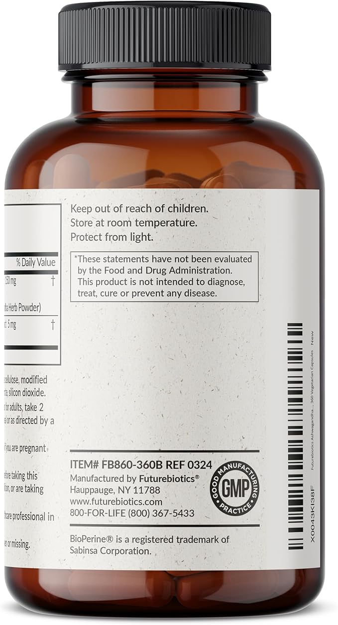 Futurebiotics Ashwagandha Extra Strength Stress & Mood Support with BioPerine - Non GMO Formula, 360 Vegetarian Capsules