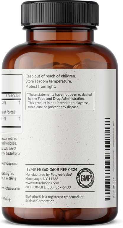 Futurebiotics Ashwagandha Extra Strength Stress & Mood Support with BioPerine - Non GMO Formula, 360 Vegetarian Capsules