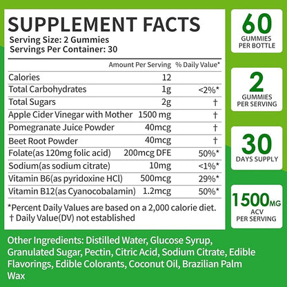 Keto ACV Gummies - 1500mg - Keto Gummies Advanced Formula - ACV Keto Gummies with B6 & 12,Pomegranate & Beet Juice - Vegan - 60 Gummies