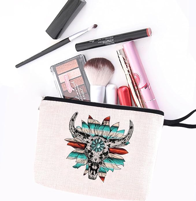 Western Cow Skull Makeup Bag Country Stuff Western Gifts for Women Female Country Girls Bestie BFF Cowgirl Gifts Cosmetic Bag Zipper Pouch Western Stuff Travel Bag Graduation Birthday Gifts