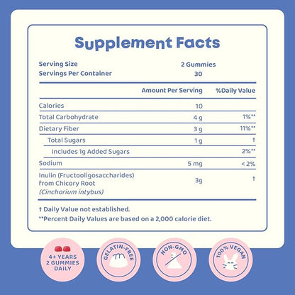 Kids Fiber Gummies for Constipation for Kids Ages 4-11 & Adults - Fiber Supplement Gummies for Regular Digestion - Natural Fiber for Kids - Peach, Strawberry & Blackberry Flavored - 5 mg - 60 Ct