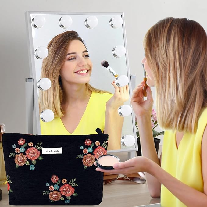 Flower Makeup Bag Travel Floral Cosmetic Bag Large Zipper Makeup Pouch Vintage Black Toiletry Bag for Women Girls Mom Grandma Friend Coworker Teacher Her Bridesmaids Girlfriend Gift