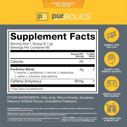 Aminos + Energy | Supports Recovery, Energy & Focus | 95mg of Caffeine, 0 Sugar & 60 Servings (Good Morning Sunshine)