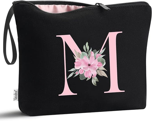 Vavabox A-Z Personalized Makeup Bag, Birthday Gifts for Women Mom, Gifts for Best Friend, Bride Bridesmaid Cosmetic bag (M, Black)