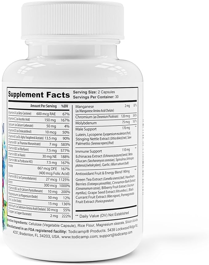 Men's Multivitamin & Mineral Complex with Plant-Based Extracts - Multivitamin for Men Improves Overall Health, Antioxidant & Natural Body Support - 60 Capsules - 30 Day Supply