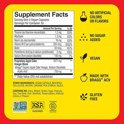 Bragg Energy Apple Cider Vinegar Capsules with B Vitamins - 90 Capsules - Helps Generate Energy at Cellular Level