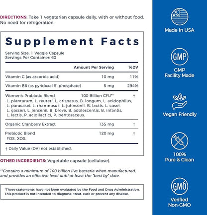 NewRhythm Probiotics for Women, P-5-P, Vitamin C & Organic Cranberry, 100 Billion CFU 18 Strains, Prebiotics & Probiotics, Vaginal Probiotics for Digestive Health & PH Balance, 60 Capsules, No Dairy