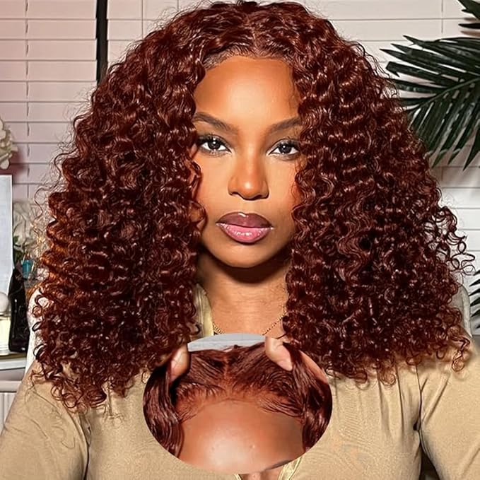 FABA Reddish Brown glueless wigs human hair pre plucked pre cut Deep Wave 7x5 Wear And Go Closure Wigs Reddish Brown Curly Wig Human Hair 180% Density Auburn Wig for Women 14 Inch