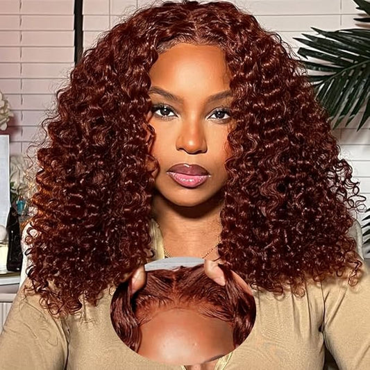 FABA Reddish Brown glueless wigs human hair pre plucked pre cut Deep Wave 7x5 Wear And Go Closure Wigs Reddish Brown Curly Wig Human Hair 180% Density Auburn Wig for Women 14 Inch