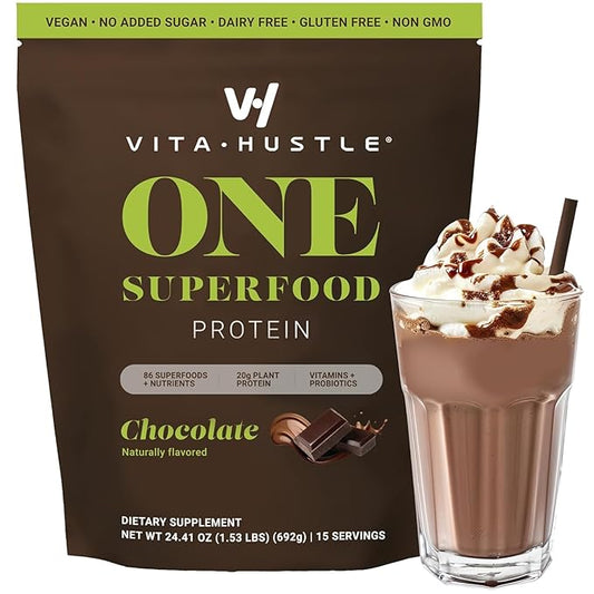 VitaHustle ONE Superfood Protein All-in-One Nutrition Shake, 20g Chocolate Plant Protein, 86 Superfoods, Vitamins, & Minerals, Ashwagandha, Adaptogens, Meal Replacement, 15 Servings