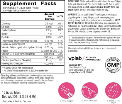 VPLab Ultra Women's Beauty Liquid Collagen - Biotin-Infused Multivitamin Complex with Peptides Type I & III Supplement for Skin, Hair & Nails - Drink Mix for Women Packed with Vitamin B Group,10