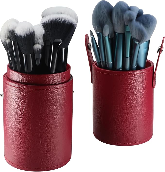 Portable Makeup Brush Case,Pu Leather Makeup Brush Holder with Button,Travel Cup Storage Dustproof Makeup Cosmetic Bags for Women (Red)