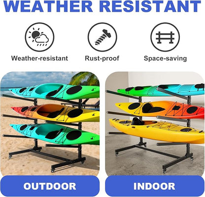 Heavy Duty Freestanding Kayak Storage Rack, Adjustable Metal Stand for Kayaks, Canoes, SUPs, Paddleboards & Surfboards with Lockable Wheels, Indoor & Outdoor Use