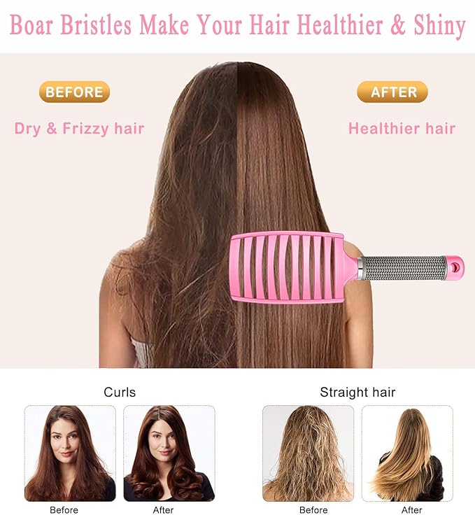 KTKUDY Detangling Brush Boar Bristles Hairbrush Make Hair Shiny & Healthier Curved and Vented Detangler Brush for Women Men Kids Wet & Dry Hair (Pink)