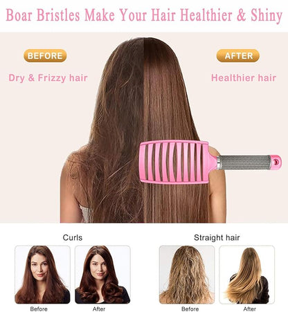 KTKUDY Detangling Brush Boar Bristles Hairbrush Make Hair Shiny & Healthier Curved and Vented Detangler Brush for Women Men Kids Wet & Dry Hair (Pink)