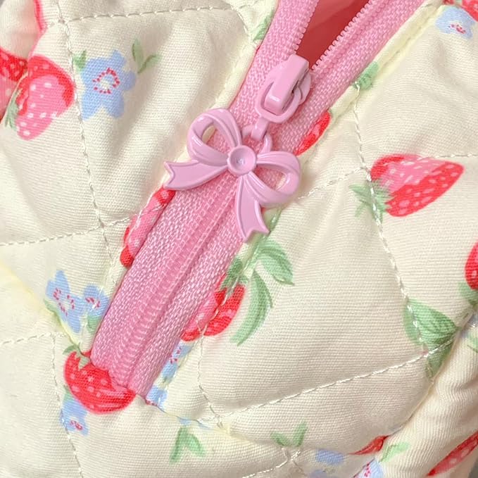 Cute Quilted Makeup Bag, Coquette Strawberry Skincare Pouch Aesthetic Cosmetic Travel Skincare Brush Organizer Pouches Makeup for Women,Strawberry me Up