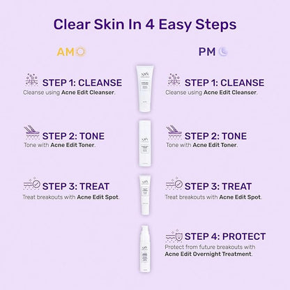 NxN Acne Treatment Kit 4-Step Clear Skin System with Salicylic Acid, Probiotics, Sulfer & Natural Retinols, Control Blemishes & Breakouts, Face Care Solution Set for All Skin Types Including Sensitive