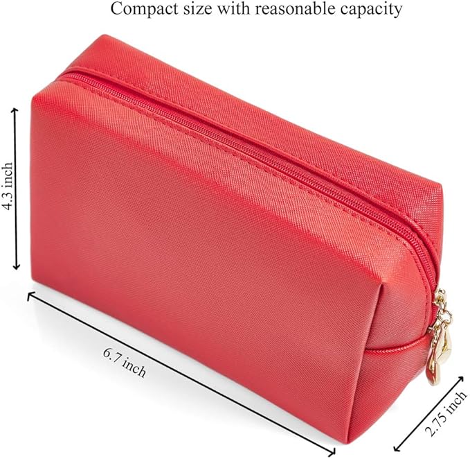 PU Leather Cosmetic Bag for Women Minimalism Makeup Bag for Daily Use Portable Storage Purse Small Neat Cosmetic Pouch Water-resistant Toiletry Bag for Travel (Red)