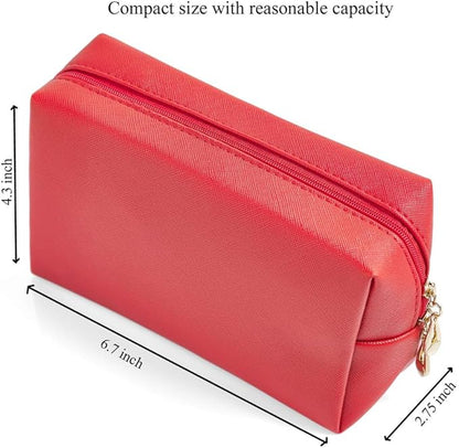 PU Leather Cosmetic Bag for Women Minimalism Makeup Bag for Daily Use Portable Storage Purse Small Neat Cosmetic Pouch Water-resistant Toiletry Bag for Travel (Red)