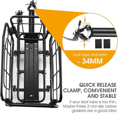 Rear Bike Rack with Basket, 165 LB Load - Aluminum Alloy Cargo Rack for Back of Bike with Free Bungee Cord & Waterproof Cover & Installation Tool