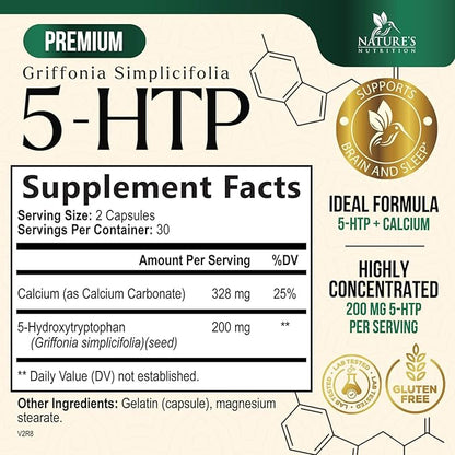 5 HTP Supplement Vegetarian Capsules 200mg 5HTP Plus Calcium for Brain Support - Extra Strength Griffonia Simplicifolia 5-HTP Formula - 5 Hydroxytryptophan - Gluten Free & Non-GMO - 60 Capsules