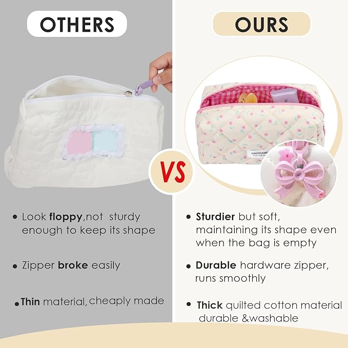 Travel Makeup Bag, Cute Quilted Aesthetic Handmade Cotton Cosmetic Bags for Women, Handmade Cute Coquette Aesthetic Floral Toiletry Storage Bag, Cream Florals