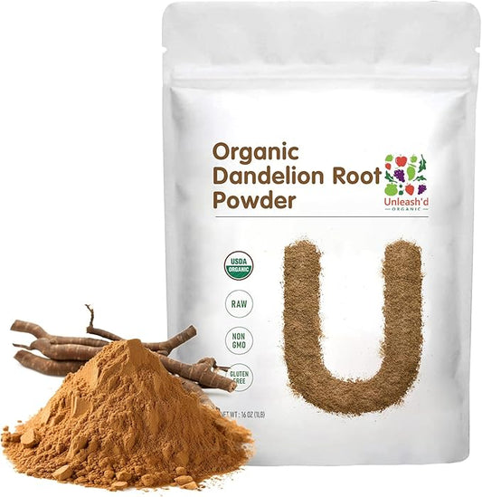 UNLEASH'D ORGANIC Organic Dandelion Root Powder 16 oz for Tea and Beverages Vegan Friendly Detoxifies and Supports Digestive Health