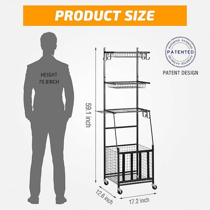 PLKOW Sports Equipment Storage for Garage, Indoor/Outdoor Sports Rack for Garage, Ball Storage Garage Organizer with Basket and Hooks,Toy/Sports Gear Storage
