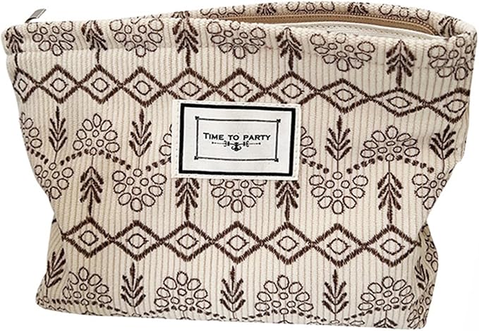 Flower Fabric Makeup Bag for Purse, Vintage Corduroy Cosmetic Pouch Bag, Portable Travel Handbag for Women Girls (Vintage Beige)
