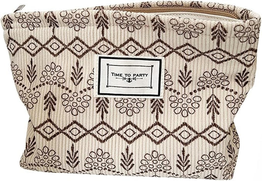 Flower Fabric Makeup Bag for Purse, Vintage Corduroy Cosmetic Pouch Bag, Portable Travel Handbag for Women Girls (Vintage Beige)