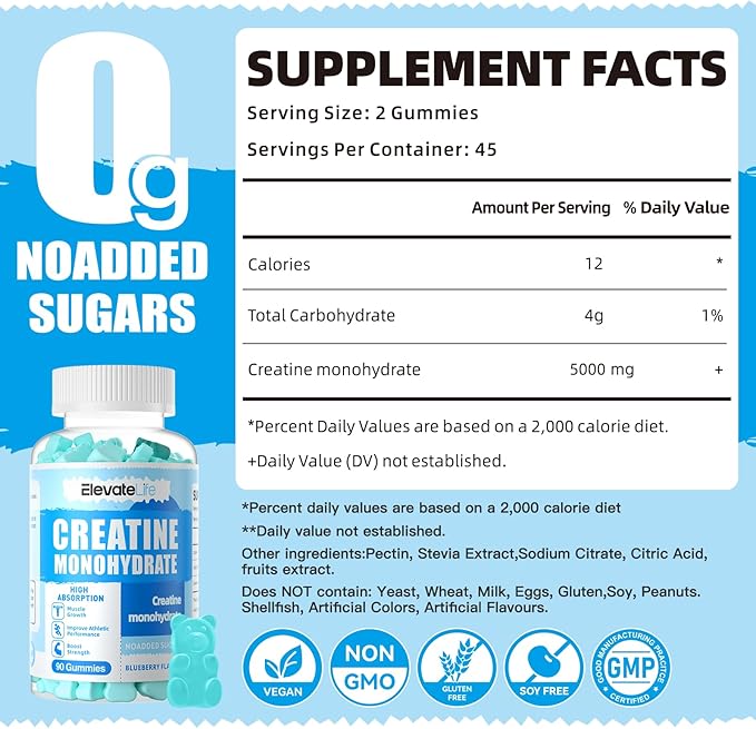 Creatine Monohydrate Gummies 5000mg for Men & Women, Chewables Creatine Monohydrate for Muscle Strength, Muscle Builder, Energy Boost, Pre-Workout Supplement(90 Count)-Blueberry
