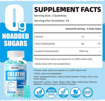Creatine Monohydrate Gummies 5000mg for Men & Women, Chewables Creatine Monohydrate for Muscle Strength, Muscle Builder, Energy Boost, Pre-Workout Supplement(90 Count)-Blueberry