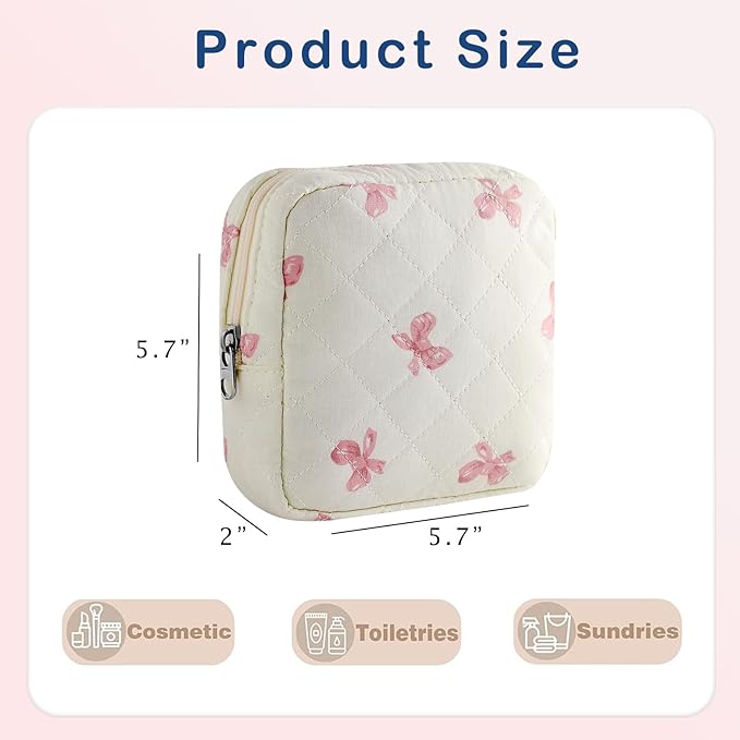 Small Quilted Cotton Makeup Bag for Purse, Cosmetic Bag with Compartments, Cotton Aesthetic Makeup Bag, Travel Toiletry Pouch, Lipstick Bag Card Holder Data Cable Organizer (08White Pink Bow)