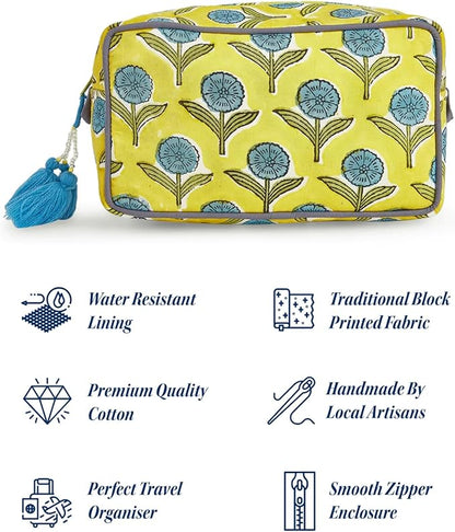 Travel Makeup Bag- Large Capacity Cosmetic Bags for Women - Water Resistance Lining Portable Pouch & Open Toiletry Bag - Perfect Girls Makeup Organizer for Travel Essentials (Blue & Yellow Floral)