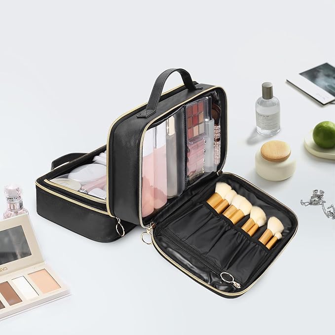 OCHEAL Travel Toiletry Bag, Double Layer Clear Makeup Bag Organizer Large Capacity Cosmetic Bag for Traveling Women Beauty Essentials, Multiple Compartments Makeup Case- Black