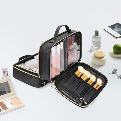 OCHEAL Travel Toiletry Bag, Double Layer Clear Makeup Bag Organizer Large Capacity Cosmetic Bag for Traveling Women Beauty Essentials, Multiple Compartments Makeup Case- Black