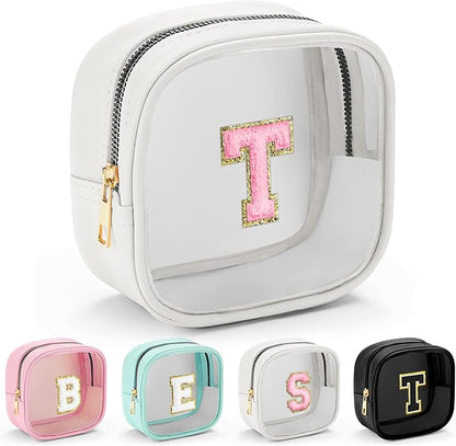YOOLIFE Initial Make Up Bag Travel Toiletry Bag, Clear Makeup Bag Preppy Cosmetic Bags Organizer Travel Essentials Gifts for Women Teen Girlfriend Teacher Mom Birthday Mothers Day Gifts White T