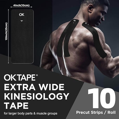 OK TAPE Extra Wide Kinesiology Tape, Precut K Tape Strips, Elastic Physical Therapy Athletic Tape for Pain Relief & Joint Support | Back, Shoulder, Knee (4" x 10" - 10Pcs) Black