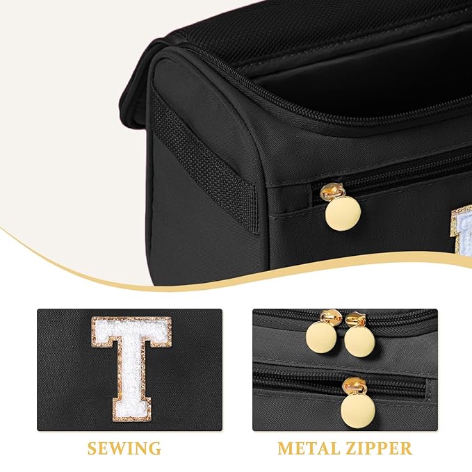 COSHAYSOO Summer Birthday Gifts for Women Her Beach Vacation Gift Ideas Personalized Travel Size Toiletries Organizer, Large Hanging Toiletry Bag Skincare Case Waterproof Traveling Black Letter T