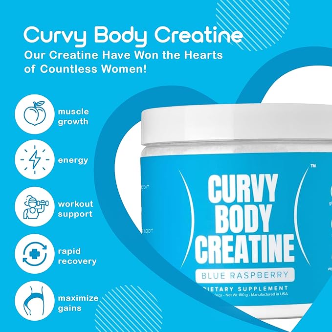 Curvy Body Creatine Monohydrate Powder | Workout Support | Vegan | Kosher | Blue Raspberry Flavor 180 Grams (30 Servings)
