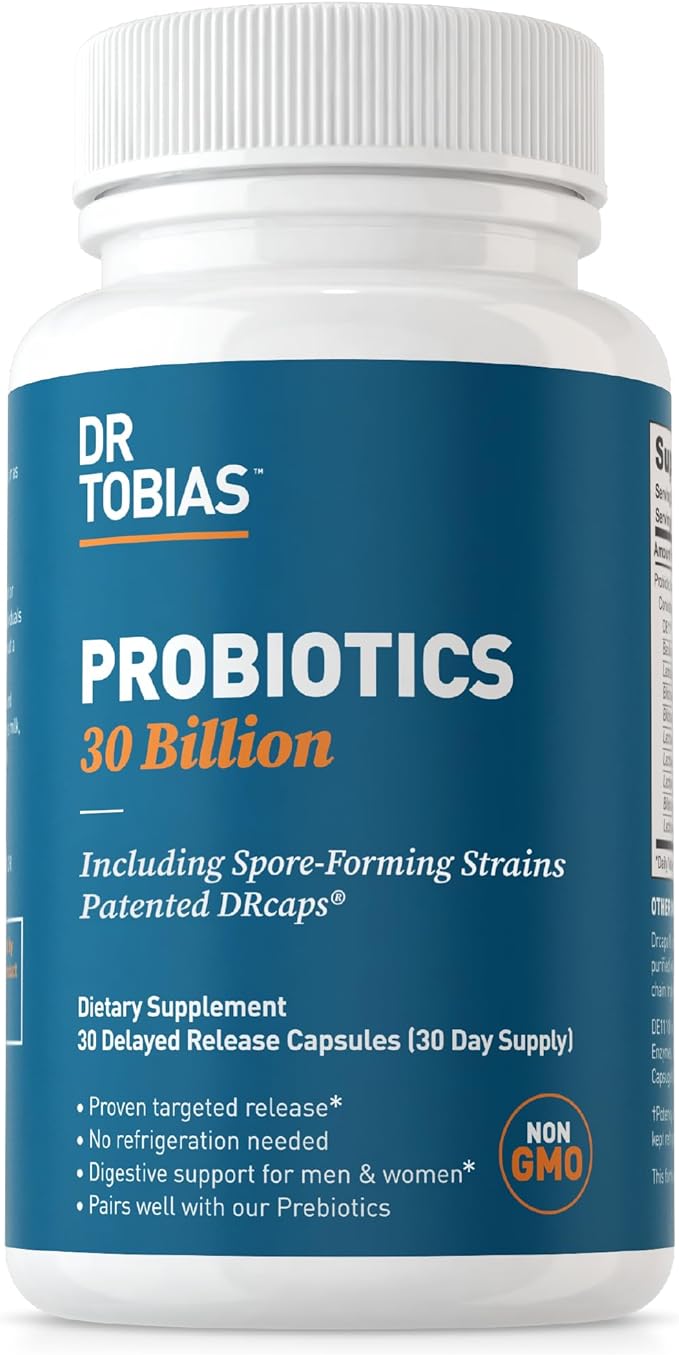 Dr. Tobias Probiotics 30 Billion, 10 Strains, 30 Billion CFU's, Targeted Release Probiotics for Digestive Health, Shelf-Stable Probiotics for Women & Men, Non-GMO, 30 Capsules, 30 Servings