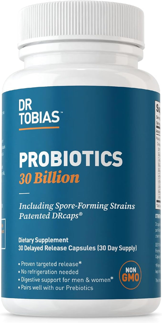 Dr. Tobias Probiotics 30 Billion, 10 Strains, 30 Billion CFU's, Targeted Release Probiotics for Digestive Health, Shelf-Stable Probiotics for Women & Men, Non-GMO, 30 Capsules, 30 Servings