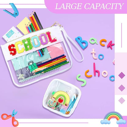 Hillban 2 Pcs Welcome Back to School Gift Bags Pencil Pouch Clear Case Chenille Letter Makeup Cosmetic Bags Toiletry Travel Purse First Day of School Waterproof PVC Organizer Storage for Women