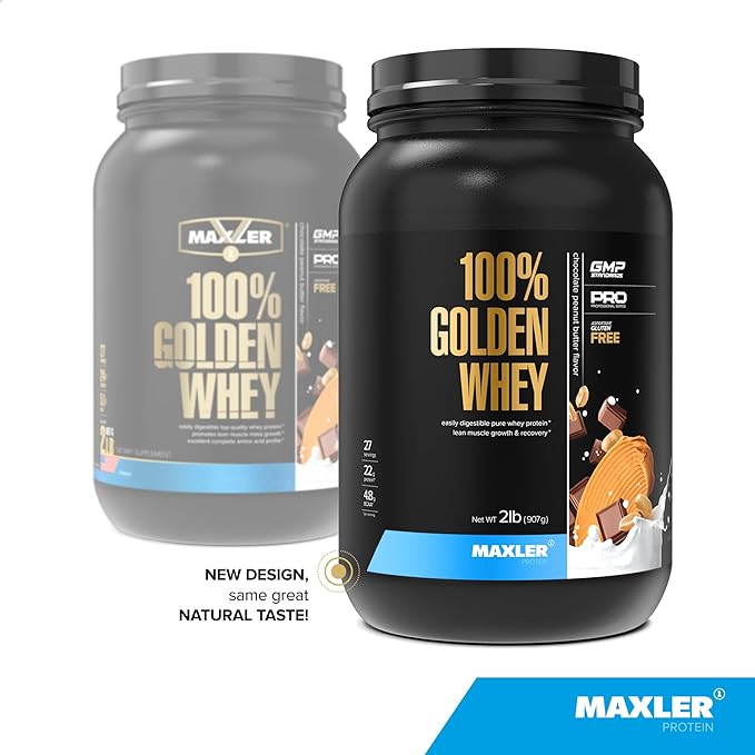 Maxler 100% Golden Whey Protein - 22g of Premium Whey Protein Powder per Serving - Pre Post Intra Workout - Fast-Absorbing Whey Hydrolysate, Isolate, Concentrate Blend - Chocolate Peanut Butter 2 lbs