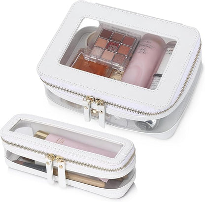 Travel Clear Makeup Bag with Brush Case TSA Approved Toiletry Bag Waterproof Cosmetic Organizer Car Essential for Women (White, M+SLIM)